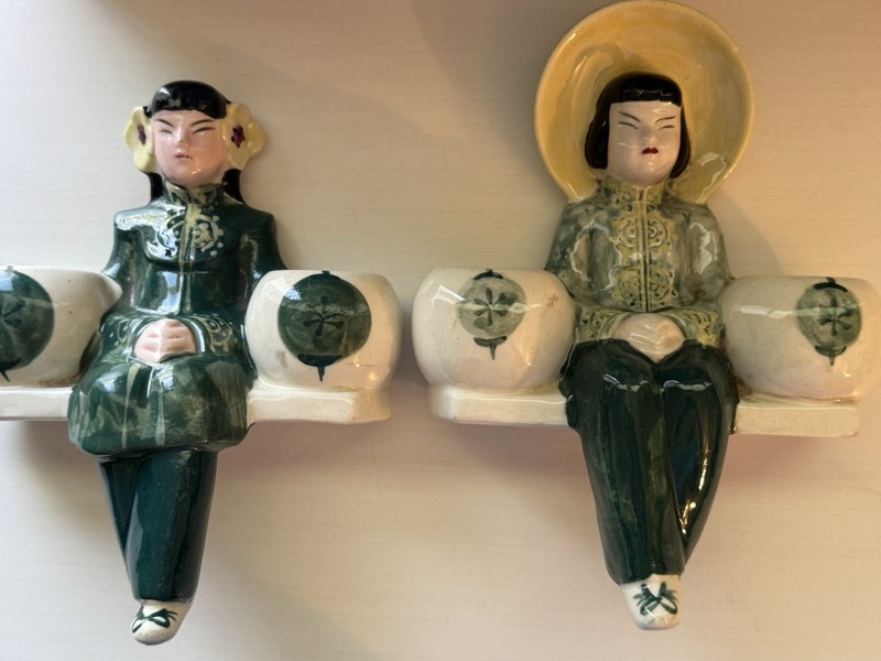 Two Vintage Made in Japan Asian Inspired Shelf Sitter or Wall Pocket Vases