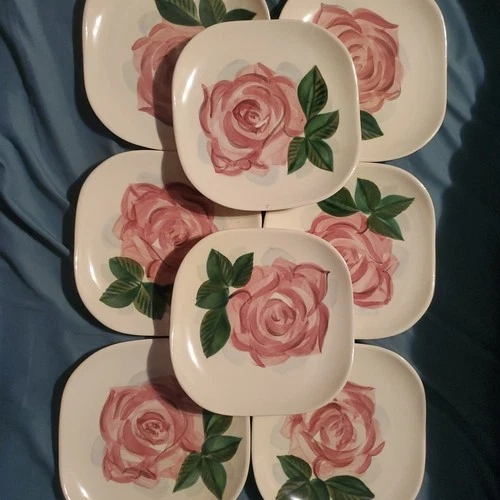 MCM Red Wing Pottery Lexington Rose Set Of 8 Salad Plates 7  1/2 In. Square