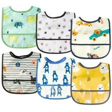 2ooya 6Pcs Waterproof Toddler Bibs Baby Feeding Bib Set with Crumb Catcher