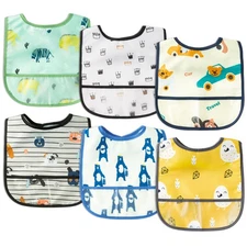 2ooya 6Pcs Waterproof Toddler Bibs Baby Feeding Bib Set with Crumb Catcher