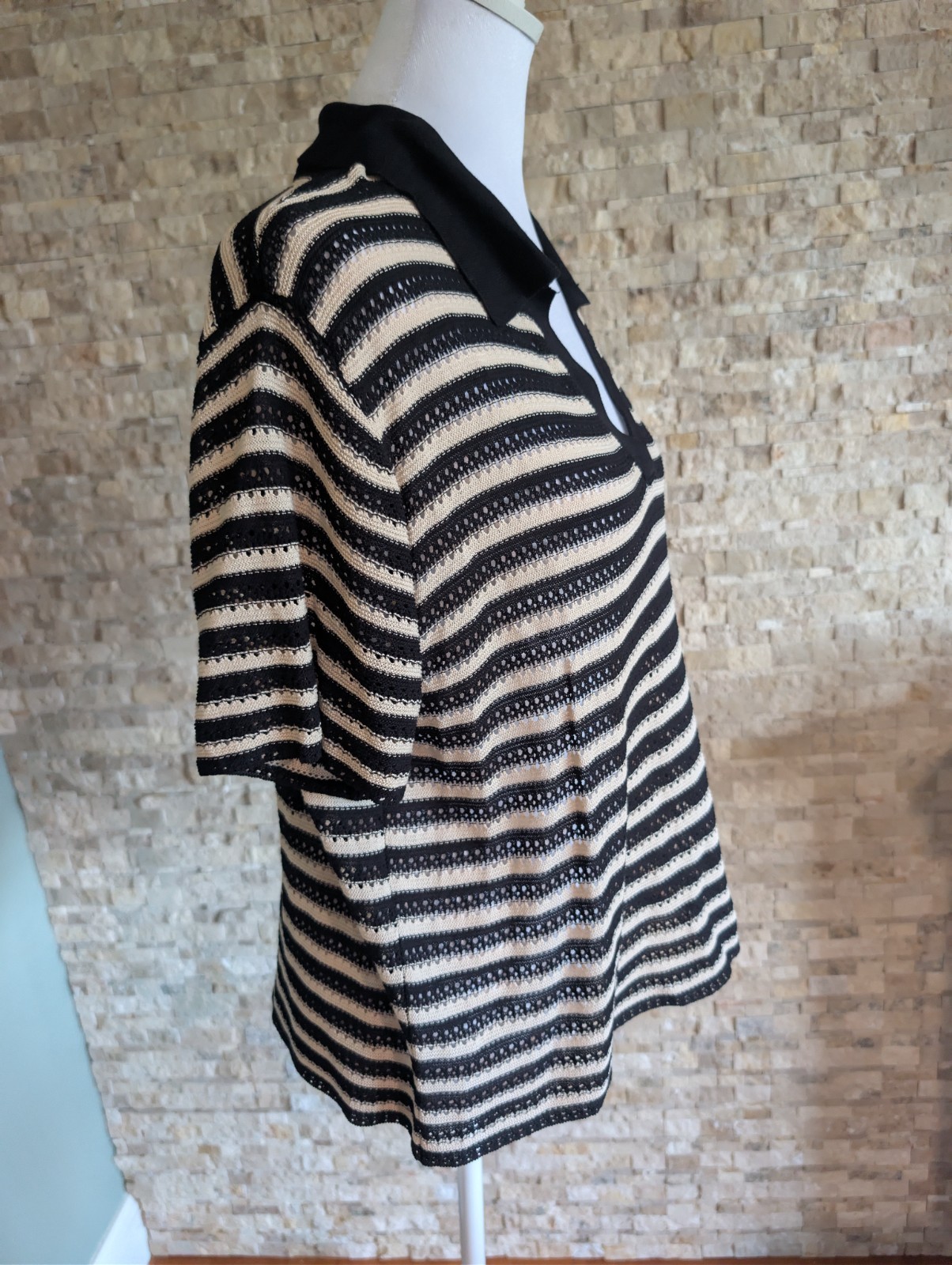 Women's Black Cream Textured Stripe Sweater Polo Open Knit Crochet Top Minimal image 2
