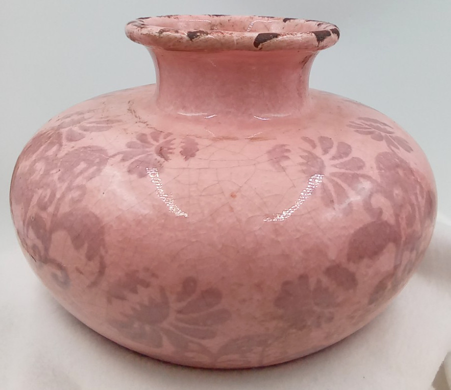 Pink Squatty Vase Boho Rustic Floral Images Crackle Distressed Decor P&D NEW