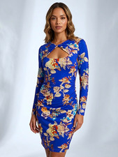 GUESS Blue Floral Knit Bodycon Dress Cut-Out Long Sleeve Knee Length Size L