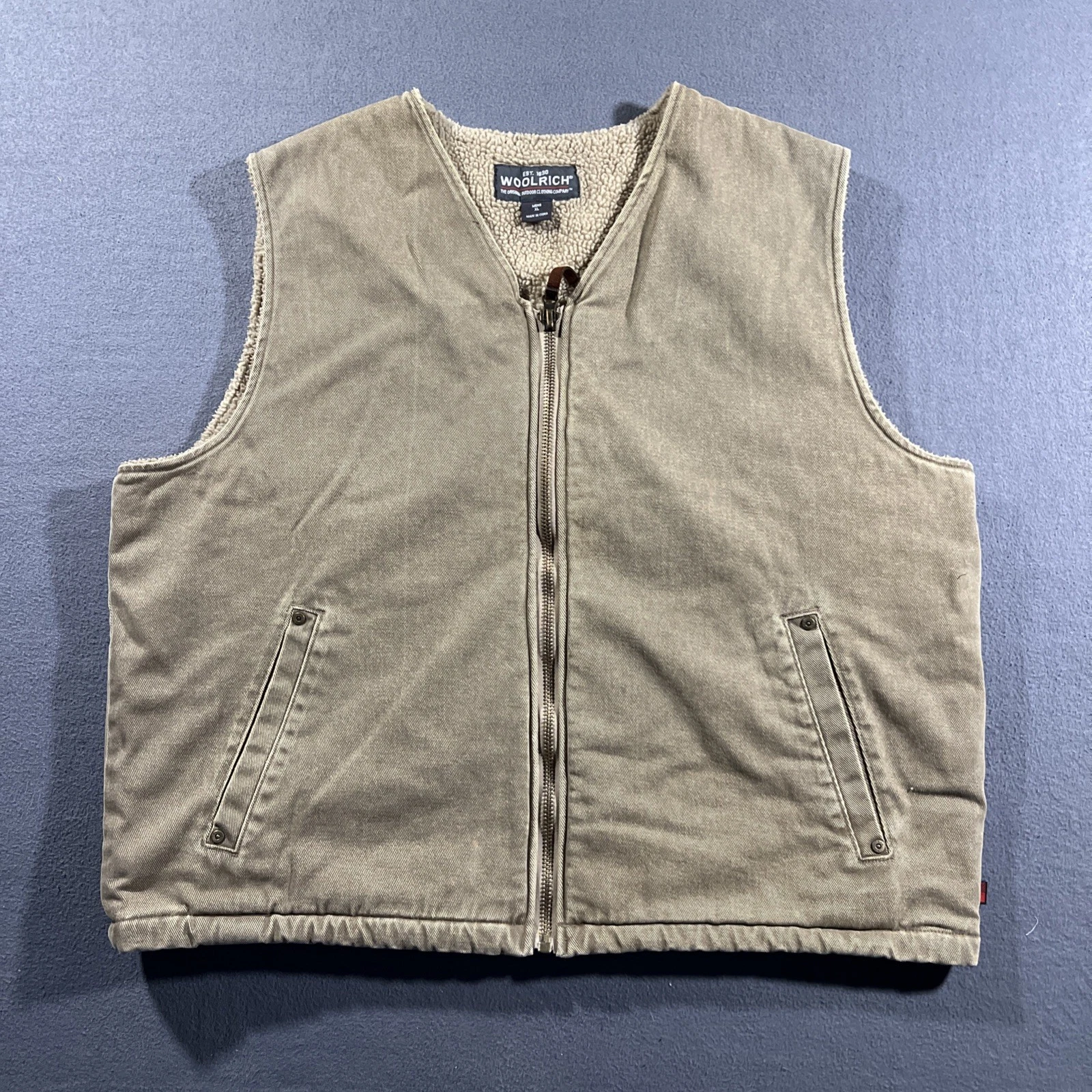 Woolrich Canvas Vest Mens Xl Beige Sherpa Lined Side Pockets Full Zip Hunting