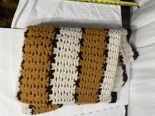 Vintage Hand Crochet Afgan Blanket Mustard White Brown