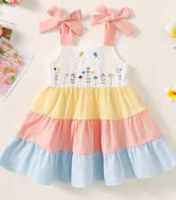 NEW Boutique Dress Blue Yellow Flowers Bows Toddler Girl 2-3 Rainbow Summer 41