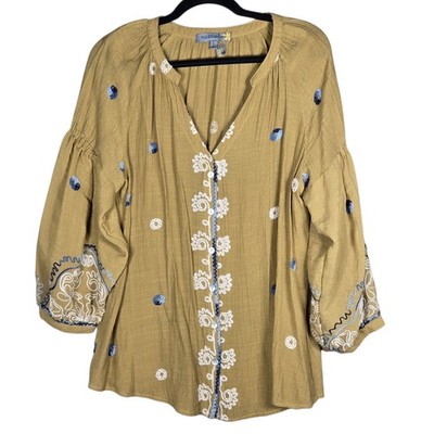 Figueroa & Flower Blouse Large Mustard Yellow Embroidered Boho Peasant Top