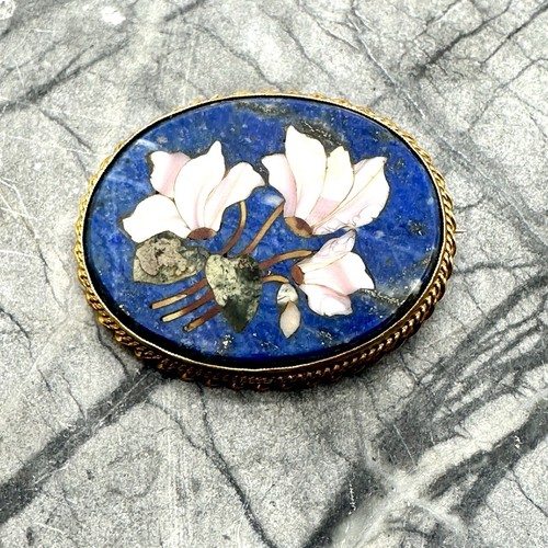 Antique 14K Pietra Dora Brooch Vibrant Lapis Lazuli Backdrop w MOP Petals - Picture 9 of 9