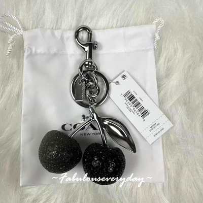 Coach Crystal Cherry Bag Charm Keychain Fob Silver / Black CCD32