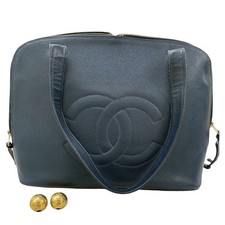 Chanel Leather Tote Bag Navy Gold Hardware Women Blue One Size
