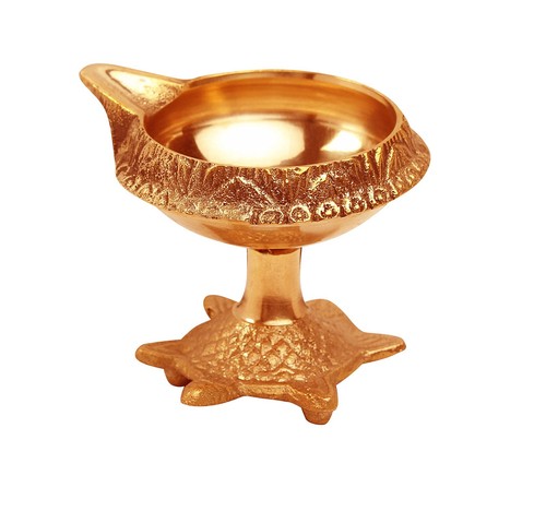 Handmade Brass Indian Puja Oil Lamp, Golden Diya Lamp Engraved Design Diya fo...