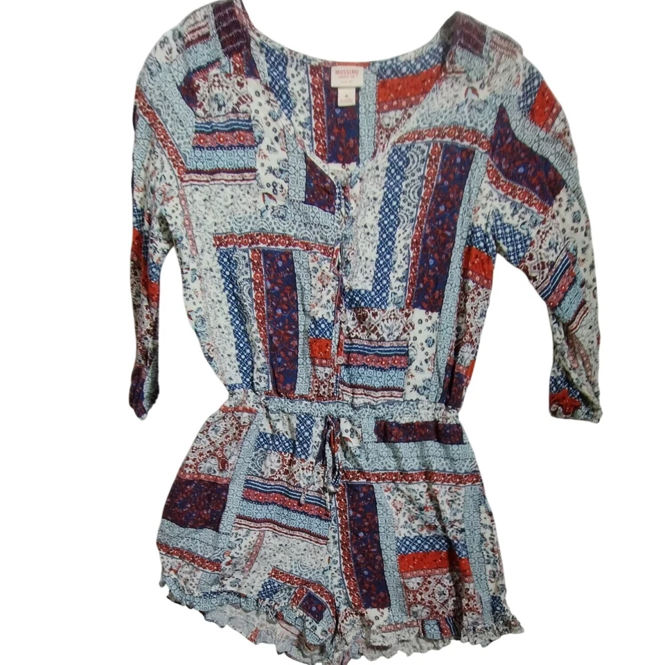 Romper Mossimo estampa patchwork manga 3/4 cordão cintura casual tamanho M - Imagem 4 de 4