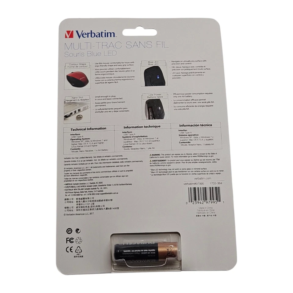 Verbatim Wireless Multi-Trac Blue LED Optical Mouse - Red / Black Body - 97995 - Image 2 of 4