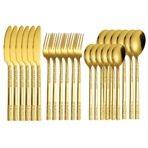 Set posate 24 pz oro tavola argento set per 6 persone incl. forchetta cucchiaio coltello - Foto 3 di 19