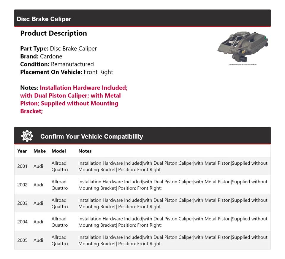 For 2001-2005 Audi Allroad Quattro Disc Brake Caliper Front Right Cardone 2002 - Image 2 of 4