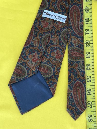 Authentic LONGCHAMPS PARIS Floral Paisley Design On Blue 100% Silk Necktie Tie - Picture 11 of 11