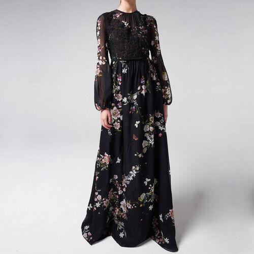 Women's Fashion Elegant Retro Lace Flower Printing Long Sleeves Swing Maxi Dress - Imagen 11 de 11