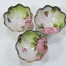 Vtg Tri-Footed Trinket Bowls Dish Hand Painted Moriage Floral Pink Roses Design