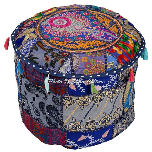 Ethnic Round Pouffe Ottoman Foot Stool Cover Cotton Boho Patchwork Embroidered - Picture 17 of 53