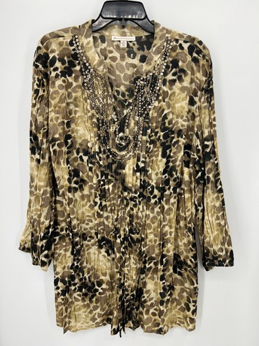 JM Collection Top Womens Plus 20W Brown Black Animal Print Beaded Tunic Cotton