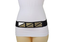 Women Black Color Stretch Belt Gold Metal Triangle Shaped Buckle Fit Size S M