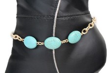 Women Boot Bracelet Antique Gold Metal Chains Bling Anklet Shoe Charm Blue Beads
