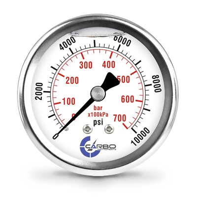 2-1/2'' Pressure Gauge, Stainless Steel Case, Liquid Filled, Back Mnt 10000 PSI