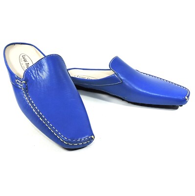 LUIGI TRAINI   WOMEN'S BLUE SOFT LEATHER COMFORT SUMMER FLAT MULES
