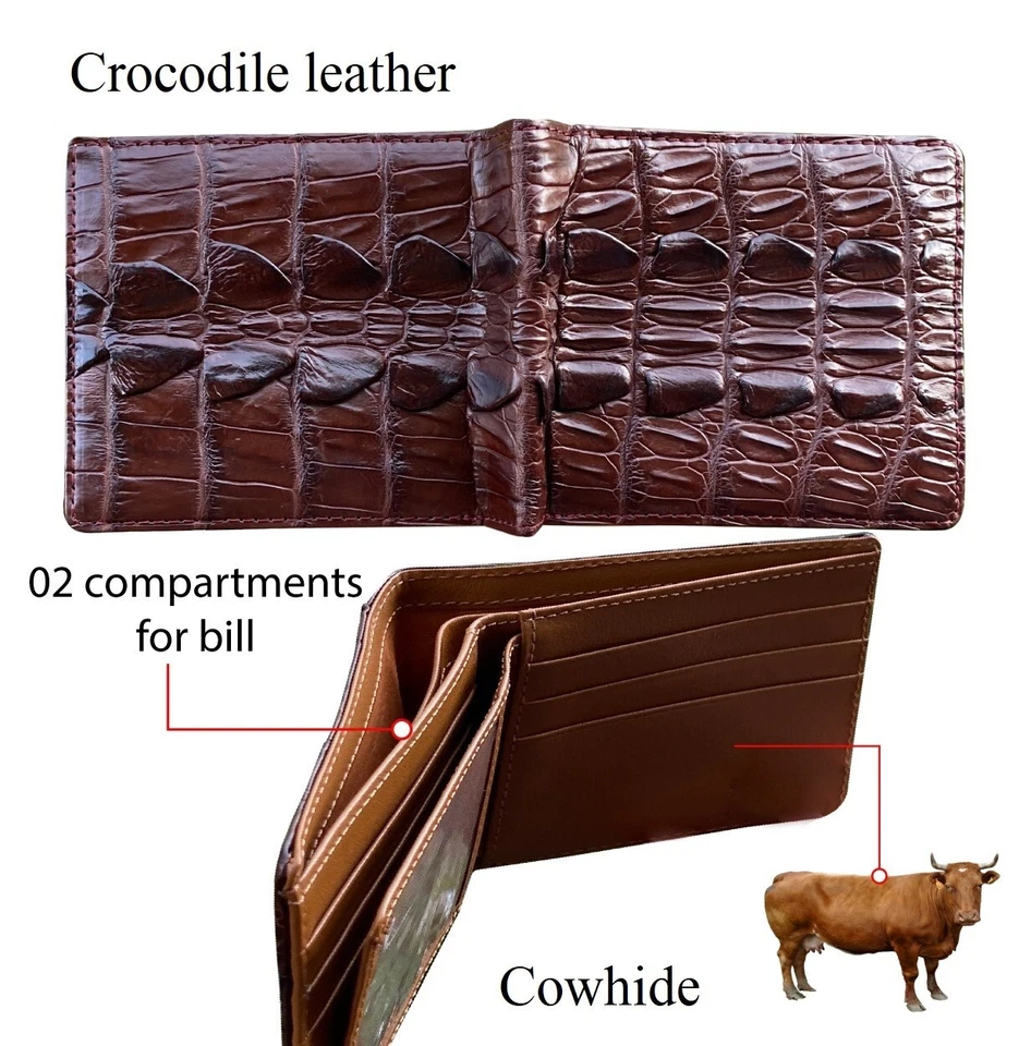 Cartera de cuero plegable marrón cocodrilo real piel de hombre RFID bloque billetera Foto 2 de 4