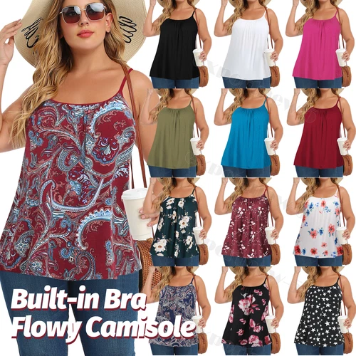 Women Cami Tank Top with Built in Padded Bra Shirred Flowly Relaxed Vest Shirt - Picture 1 of 55