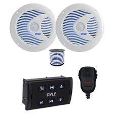 Pyle Marine Bluetooth Controller w/Mic, 2x 6.5'' 150W LED Speaker White , Wire