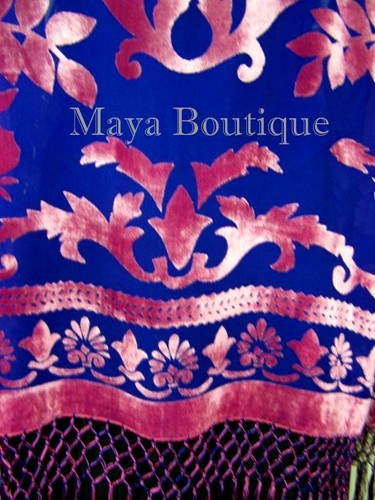 Rose & Blue Fringe Jacket Burnout Velvet Short Kimono Maya Matazaro - Picture 7 of 7