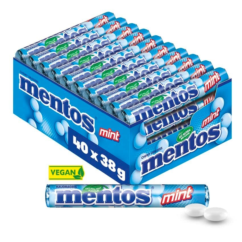 Mentos Kaubonbons Mint, Dragees Mit Pfefferminz-Geschmack Für Frischen Atem, Mul
