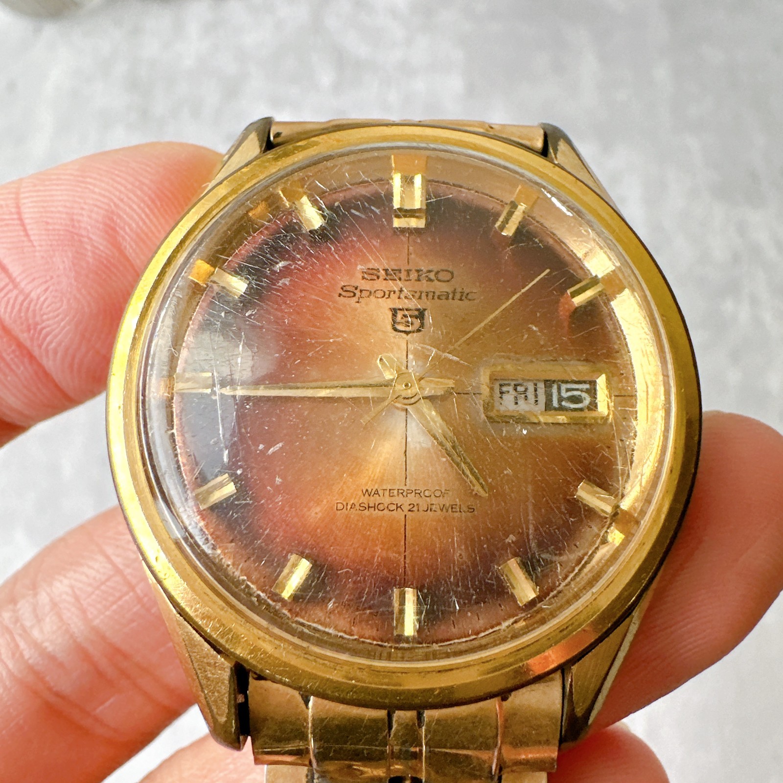 Vintage SEIKO Sportsmatic 5 Brown Sunburst Day Date Automatic Watch 6619-8250