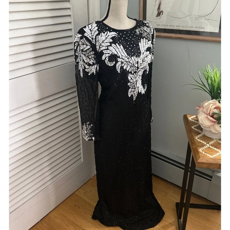 Vestido Vintage Lawrence Kazar XL Negro Cuentas Lentejuelas Vestido Art Deco Retro Glamour Foto 4 de 4