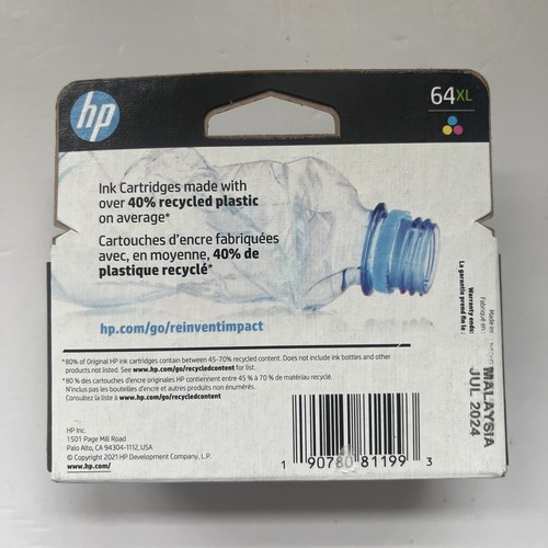 Cartucho de tinta original HP 64XL de alto rendimiento tricolor (N9J91AN) exp. Julio 2024 Nuevo - Imagen 2 de 5