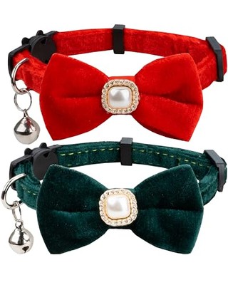 Cat Collar with Bow Tie Faux Pearl Ornament Velvet Soft A [2pcs] Red & Green