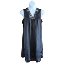 Vinrage Lorraine Black Nightgown Dress Pajama Lace Trim Applied Rose USA Size L