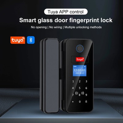 Tuya Glass Door Lock LCD Fingerprint Bluetooth Biometric 13.56MHz IC Card Unlock