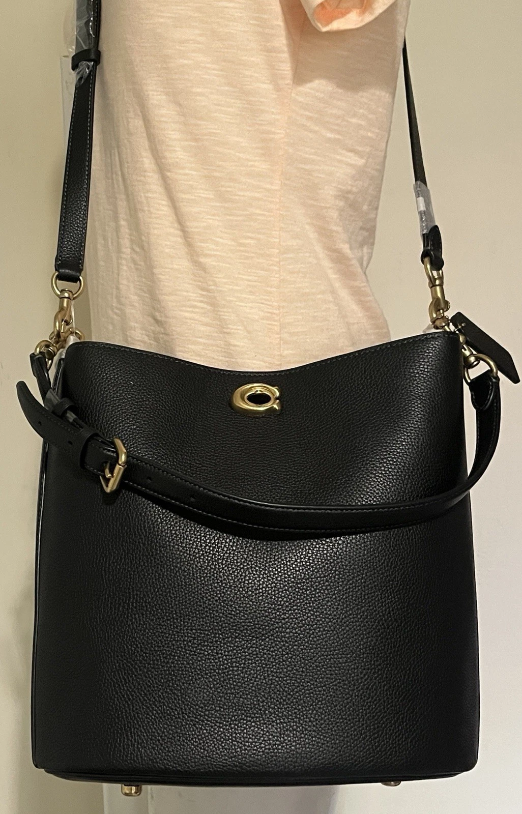 Coach CW624 Borsa a tracolla grande in pelle nera con salice e ciottoli