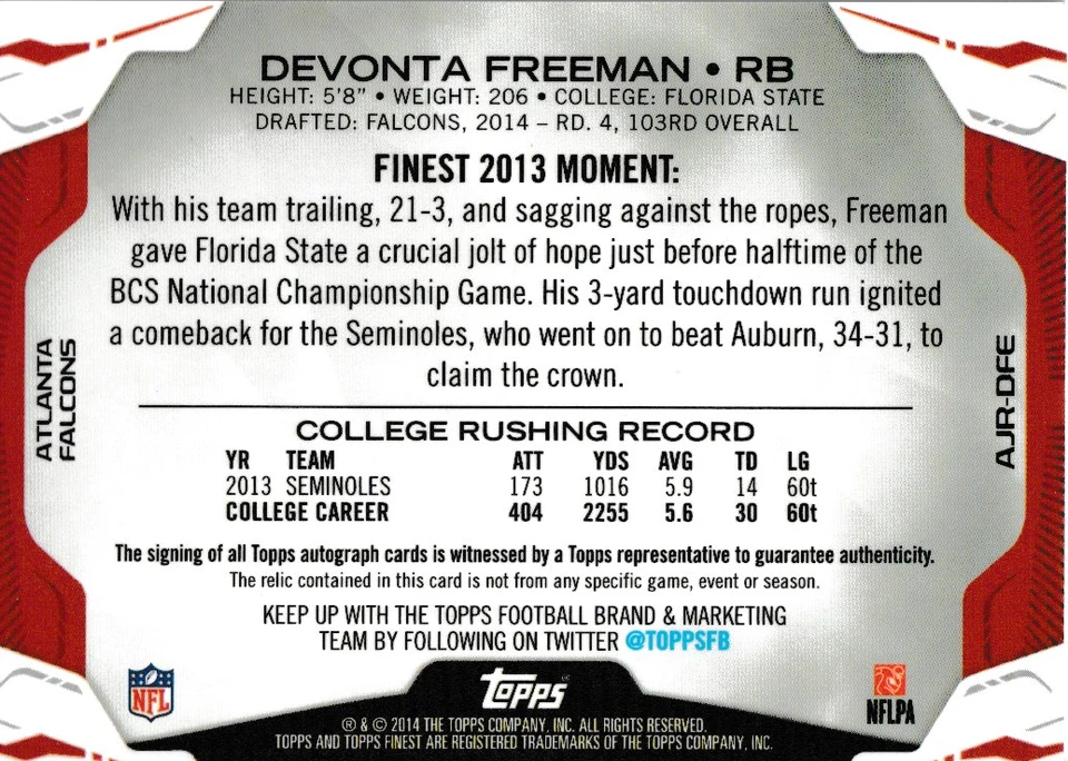 2014 TOPPS FINEST  / DEVONTA FREEMAN "AUTOGRAPH / JERSEY" ROOKIE CARD***MINT*** - Image 2 of 2