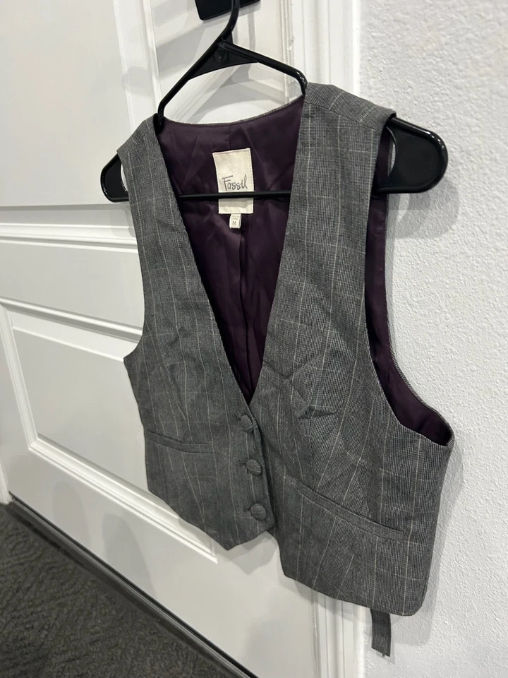 Chaleco clásico a rayas gris Fossil para mujer talla M Preppy Foto 3 de 4