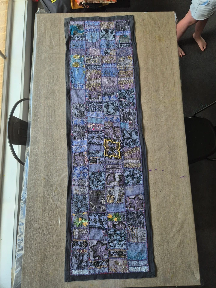 Vintage Indian Beaded Table Runner Handcrafted Patchwork Sari Embroidered Textil - Image 2 of 3