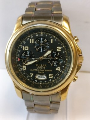 VINTAGE PULSAR CHRONOGRAPH QUARTZ BLACK DIAL N945-6A00 JAPAN MEN'S