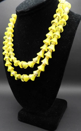 Miriam Haskell Canary Glass Trumpet Floral Beads 2 Strand Necklace Vintage 1940s