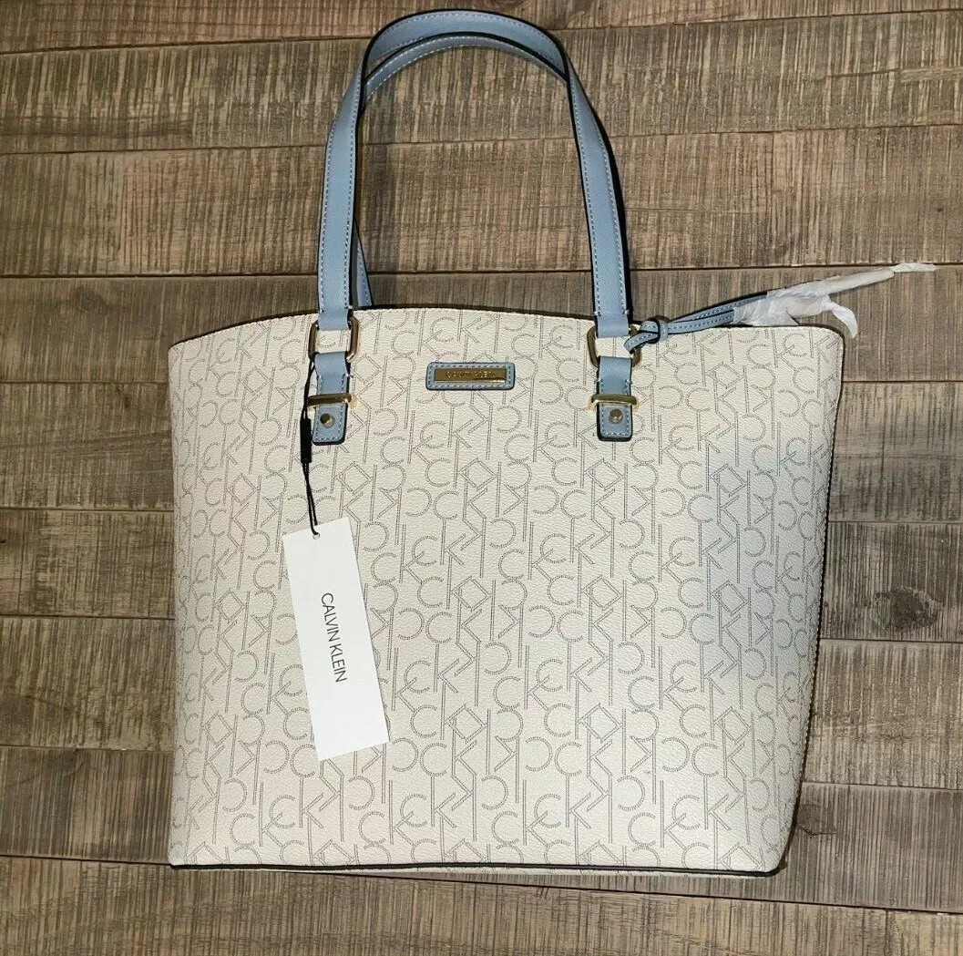 Calvin Klein Monogram Tote Twilight - Beige with Blue Handles