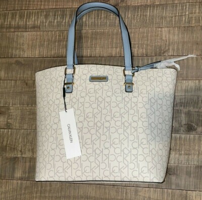 Calvin Klein Monogram Tote Twilight Beige with Blue Handles