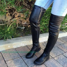 Trendy Woman  Over Knee Women Boots Thigh High Side Zip Low Chunky Heels Shoes 