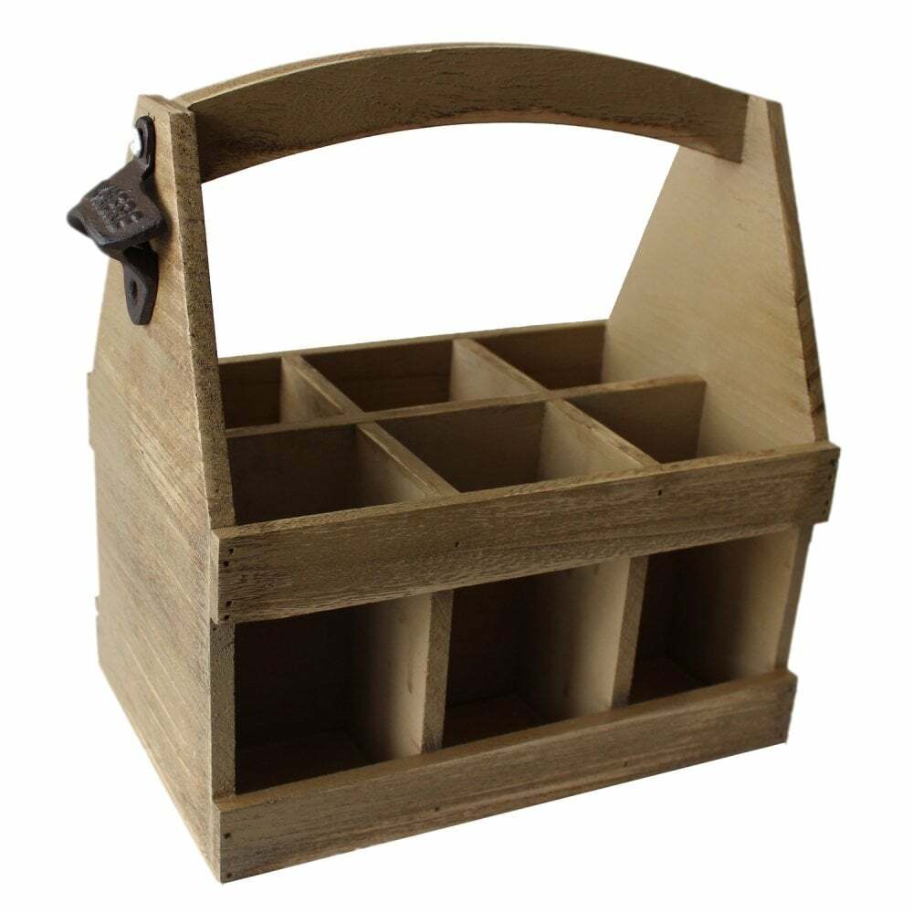 Oak Effect 6 Beer Bottle Carrier with Bottle Opener Rustic Gift Birthday Dad