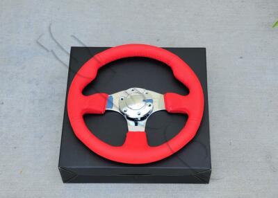 330mm 13'' DIA Red PVC Leather 1'' Deep Mirror Chrome S/S Spoke Steering Wheel